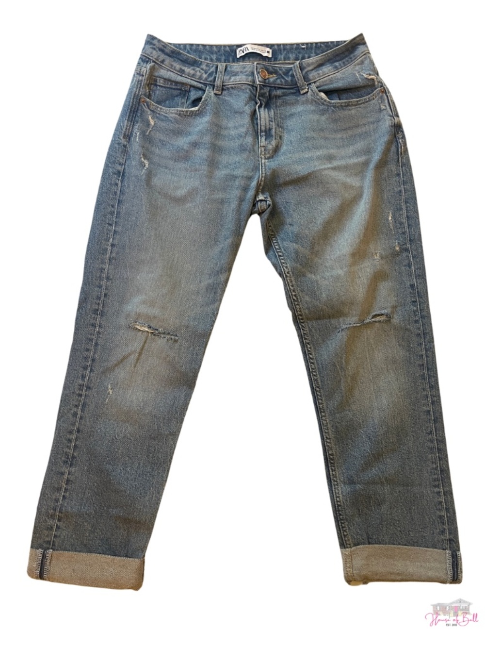 ZARA Medium Wash Distressed Straight Leg Jeans Size 8 / EUR 40 Ripped Knee